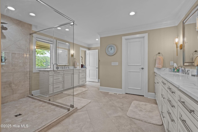 4 Lake Shore Ct, Pinehurst, NC 28374 - bathroom with vanity, a stall shower, crown molding, recessed lighting, and tile patterned flooring