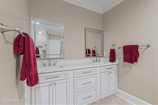4 Lake Shore Ct, Pinehurst, NC 28374 - bathroom featuring double vanity and ornamental molding