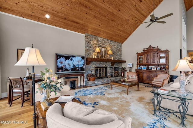 4 Lake Shore Ct, Pinehurst, NC 28374 - living area featuring ceiling fan, a stone fireplace, wood finished floors, wood ceiling, and high vaulted ceiling