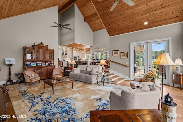 4 Lake Shore Ct, Pinehurst, NC 28374 - living room featuring a ceiling fan, wooden ceiling, wood finished floors, and high vaulted ceiling