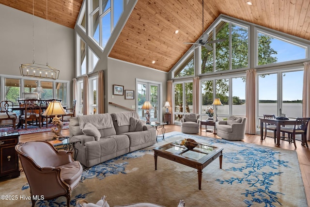 4 Lake Shore Ct, Pinehurst, NC 28374 - living area featuring high vaulted ceiling, wooden ceiling, plenty of natural light, a water view, and wood finished floors