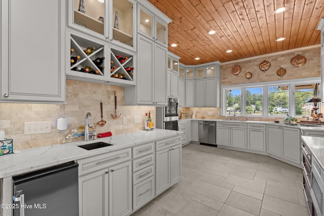 4 Lake Shore Ct, Pinehurst, NC 28374 - kitchen featuring dishwasher, wooden ceiling, tasteful backsplash, recessed lighting, and refrigerator