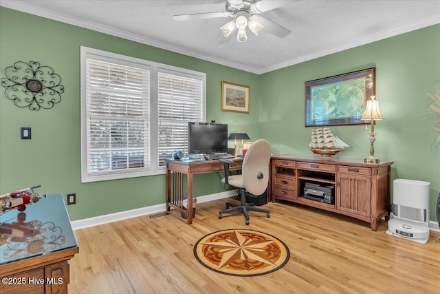 813 Cutter Ct, Kure Beach, NC 28449 - office with light wood finished floors, ceiling fan, and crown molding