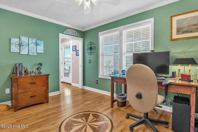 813 Cutter Ct, Kure Beach, NC 28449 - office space featuring ceiling fan, wood finished floors, and crown molding