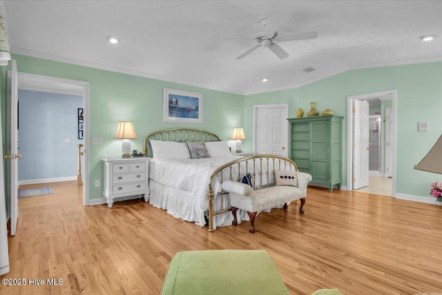 813 Cutter Ct, Kure Beach, NC 28449 - bedroom featuring light wood-style floors, ornamental molding, lofted ceiling, ceiling fan, and recessed lighting