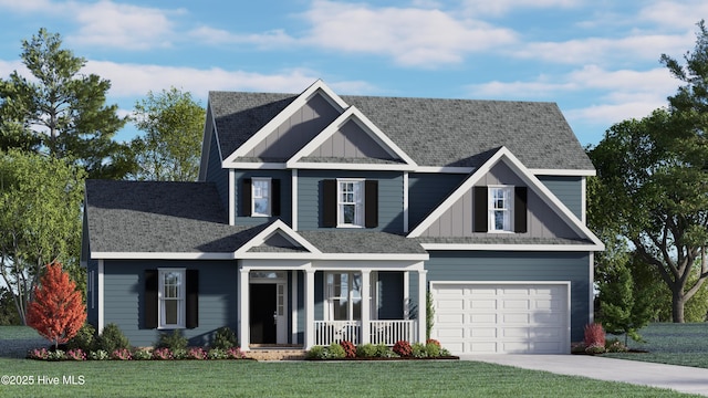 101 Claire Ct, Moyock, NC 27958 - craftsman-style house with board and batten siding, covered porch, driveway, a front lawn, and a garage