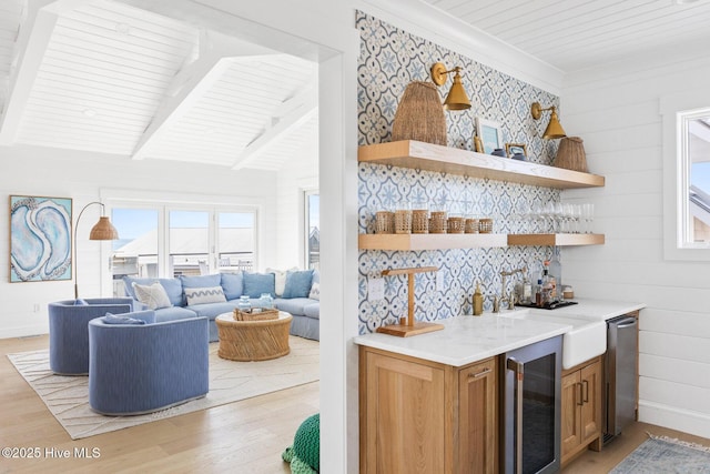 11 Sandspur Trl, Bald Head Island, NC 28461 - indoor bar with beverage cooler, light wood-type flooring, and wood ceiling