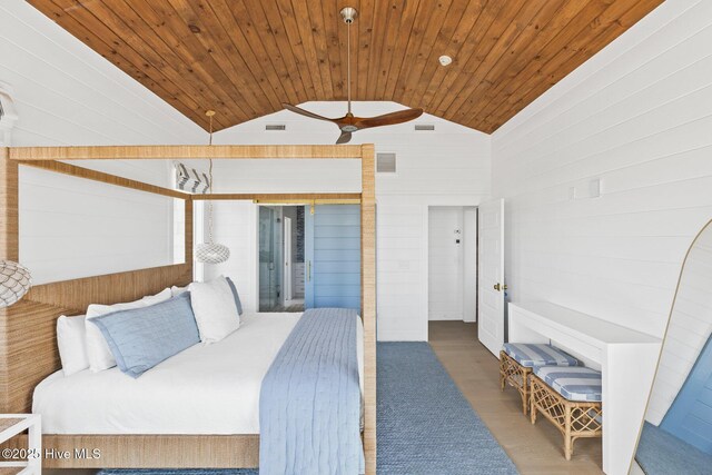 11 Sandspur Trl, Bald Head Island, NC 28461 - bedroom with lofted ceiling, wooden ceiling, wood finished floors, and a ceiling fan