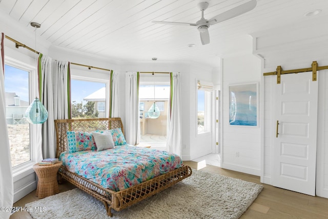 11 Sandspur Trl, Bald Head Island, NC 28461 - bedroom with a barn door, multiple windows, wood finished floors, wood ceiling, and ceiling fan