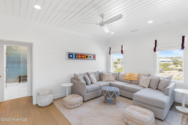11 Sandspur Trl, Bald Head Island, NC 28461 - living area with light wood finished floors, wood ceiling, recessed lighting, and ceiling fan