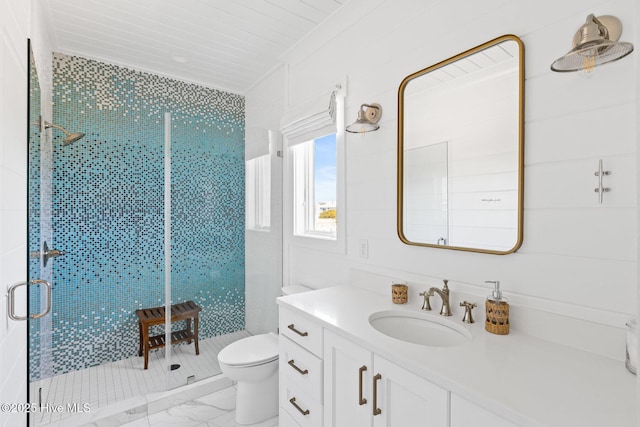 11 Sandspur Trl, Bald Head Island, NC 28461 - full bath with marble finish floors, a stall shower, vanity, and wooden ceiling