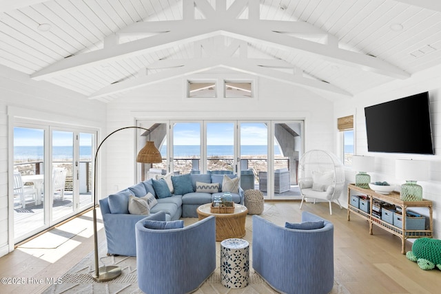 11 Sandspur Trl, Bald Head Island, NC 28461 - living area with a water view, light wood-type flooring, and wooden ceiling