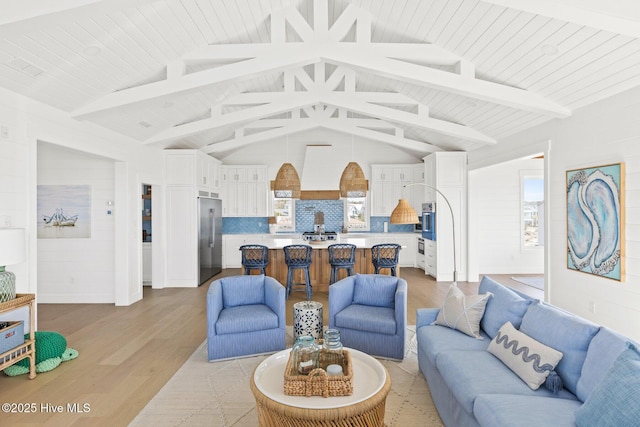 11 Sandspur Trl, Bald Head Island, NC 28461 - living room with light wood-style flooring and wooden ceiling