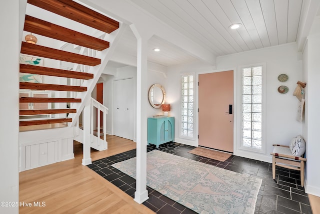 3343 Channelside Dr SW, Supply, NC 28462 - entryway with recessed lighting, stairs, and beamed ceiling