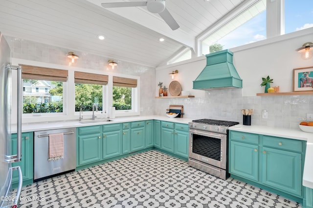 3343 Channelside Dr SW, Supply, NC 28462 - kitchen featuring custom exhaust hood, stainless steel appliances, open shelves, light countertops, and wooden ceiling
