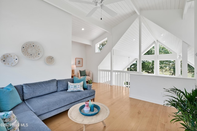 3343 Channelside Dr SW, Supply, NC 28462 - living area featuring ceiling fan, wood finished floors, high vaulted ceiling, and a wood ceiling with exposed beams