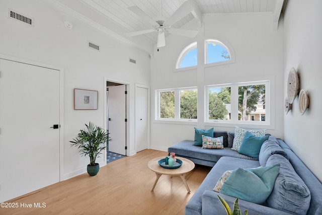 3343 Channelside Dr SW, Supply, NC 28462 - living area with wood finished floors, high vaulted ceiling, ceiling fan, and a wooden ceiling with exposed beams