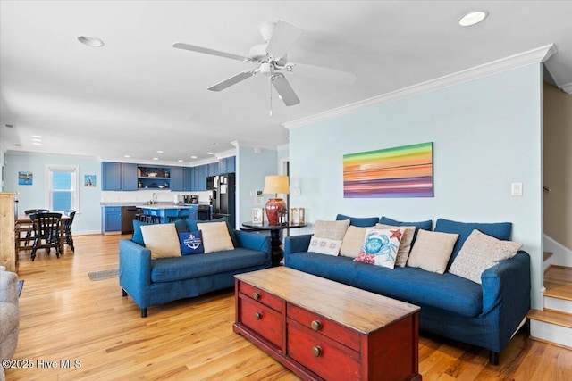 1033 Ocean Blvd W, Holden Beach, NC 28462 - living room featuring crown molding, light wood finished floors, ceiling fan, and recessed lighting