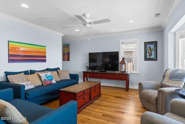 1033 Ocean Blvd W, Holden Beach, NC 28462 - living room featuring light wood-type flooring, crown molding, recessed lighting, and a ceiling fan