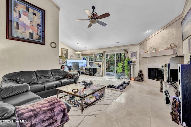 208 Bloomington Ln, Wilmington, NC 28411 - living area with ceiling fan, a fireplace, a textured ceiling, and high vaulted ceiling