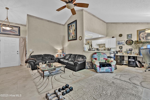 208 Bloomington Ln, Wilmington, NC 28411 - living area featuring a ceiling fan, high vaulted ceiling, light tile patterned floors, and a textured ceiling