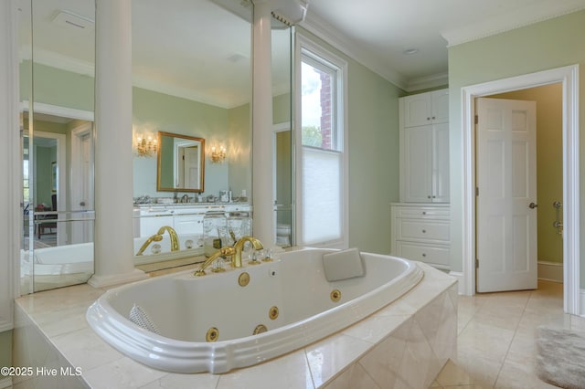 4 Hunter Heath Dr, North Topsail Beach, NC 28460 - full bathroom with a jetted tub, vanity, crown molding, and tile patterned flooring