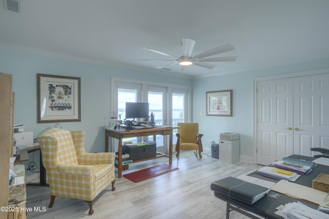 4 Hunter Heath Dr, North Topsail Beach, NC 28460 - office with crown molding, ceiling fan, and light wood-style floors