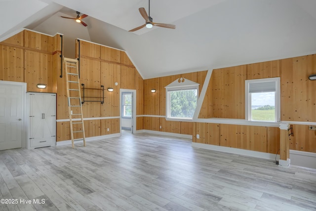 4 Hunter Heath Dr, North Topsail Beach, NC 28460 - unfurnished living room with a ceiling fan, lofted ceiling, wood walls, and wood finished floors