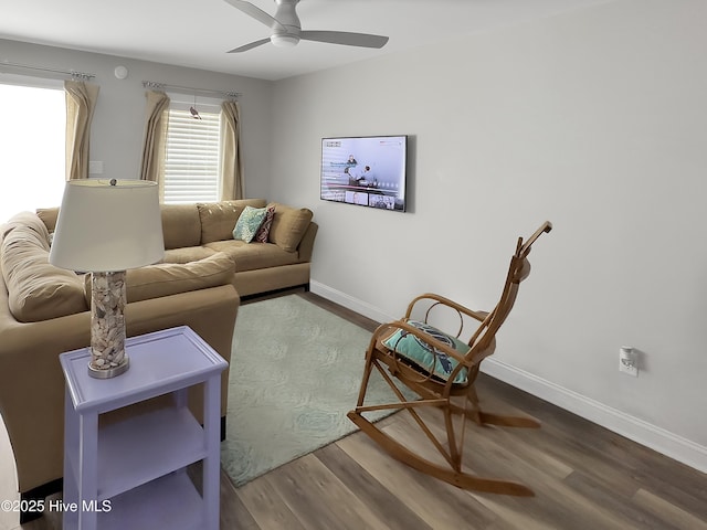 7411 Ocean Dr Unit E & W, Emerald Isle, NC 28594 - living area with wood finished floors, a ceiling fan, and baseboards
