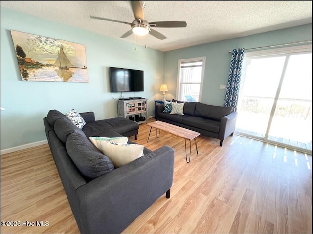7411 Ocean Dr Unit E & W, Emerald Isle, NC 28594 - living room featuring ceiling fan, a textured ceiling, light wood-style flooring, and baseboards