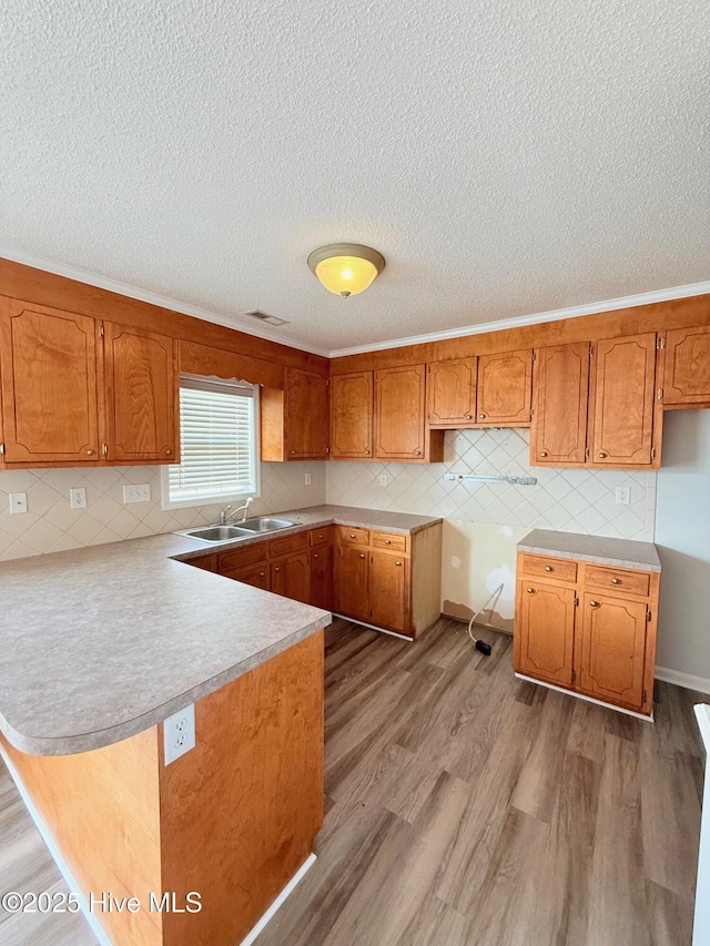 2104 Flagstone Ct Unit A-4, Greenville, NC 27834 - kitchen featuring a peninsula, a sink, brown cabinets, wood finished floors, and a textured ceiling