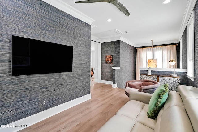 1830 Senova Trce, Wilmington, NC 28405 - living area with crown molding, wood finished floors, recessed lighting, and a ceiling fan