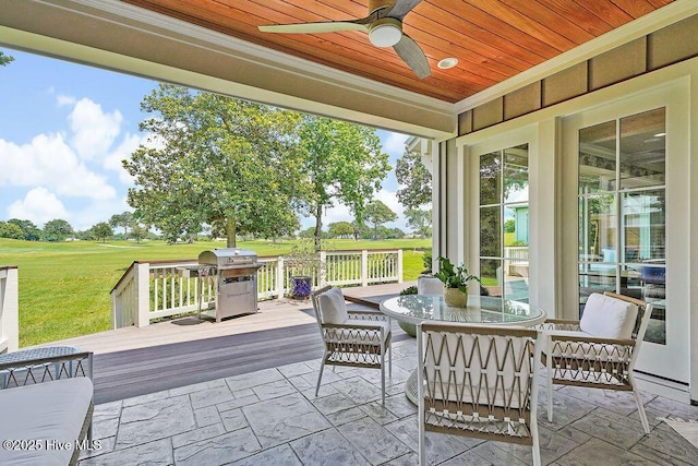 1830 Senova Trce, Wilmington, NC 28405 - wooden terrace featuring a ceiling fan, grilling area, outdoor dining space, a lawn, and view of golf course