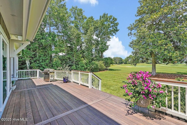 1830 Senova Trce, Wilmington, NC 28405 - wooden deck with a lawn, a grill, and view of wooded area
