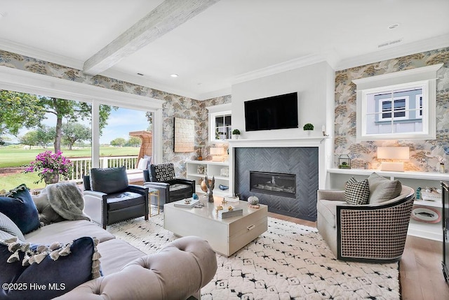 1830 Senova Trce, Wilmington, NC 28405 - living room featuring wallpapered walls, wood finished floors, crown molding, beam ceiling, and a fireplace