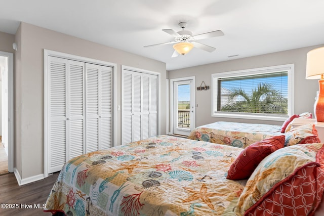 1239 Ocean Blvd W, Holden Beach, NC 28462 - bedroom with wood finished floors, two closets, access to outside, and a ceiling fan