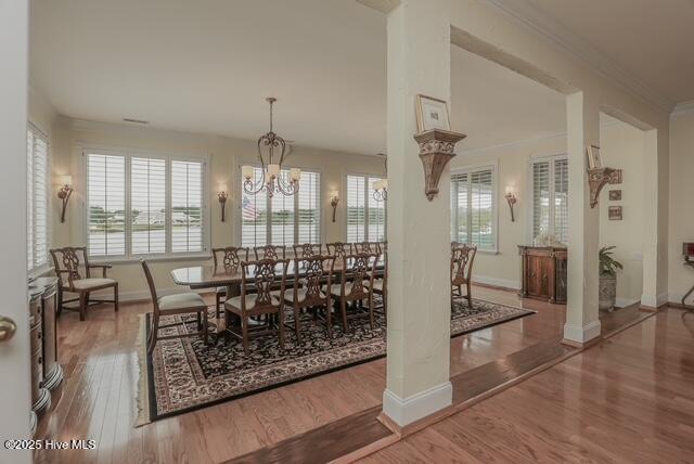 1 Burton Pl, Jacksonville, NC 28540 - dining area featuring wood finished floors, healthy amount of natural light, ornamental molding, and a chandelier