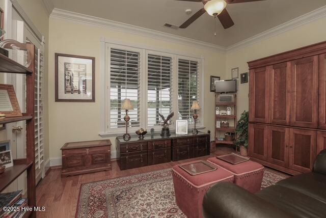 1 Burton Pl, Jacksonville, NC 28540 - office area featuring ceiling fan, ornamental molding, and wood finished floors