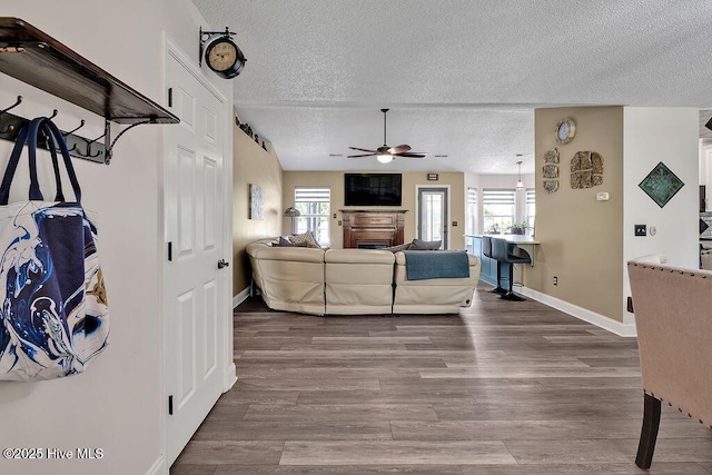 648 Pine Branches Cir SE, Leland, NC 28451 - living area featuring a textured ceiling, ceiling fan, healthy amount of natural light, and wood finished floors