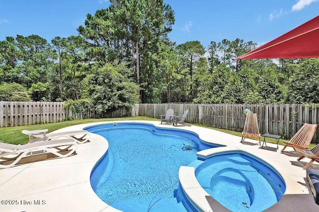 648 Pine Branches Cir SE, Leland, NC 28451 - view of swimming pool with a patio, a pool with connected hot tub, a fenced backyard, and view of wooded area