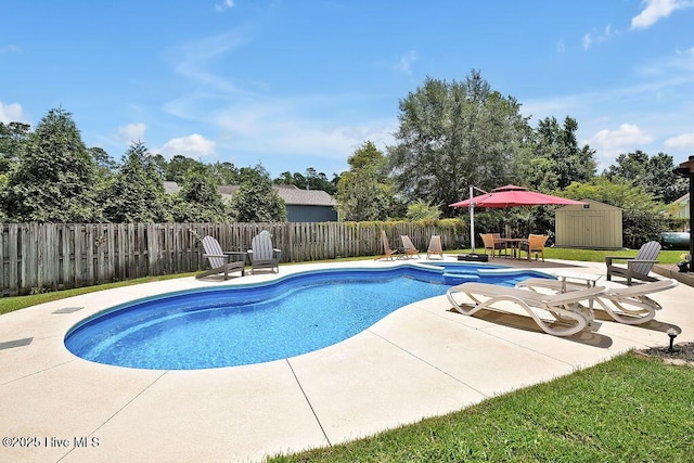 648 Pine Branches Cir SE, Leland, NC 28451 - view of swimming pool featuring a patio, a storage unit, a fenced backyard, a pool with connected hot tub, and outdoor dining space