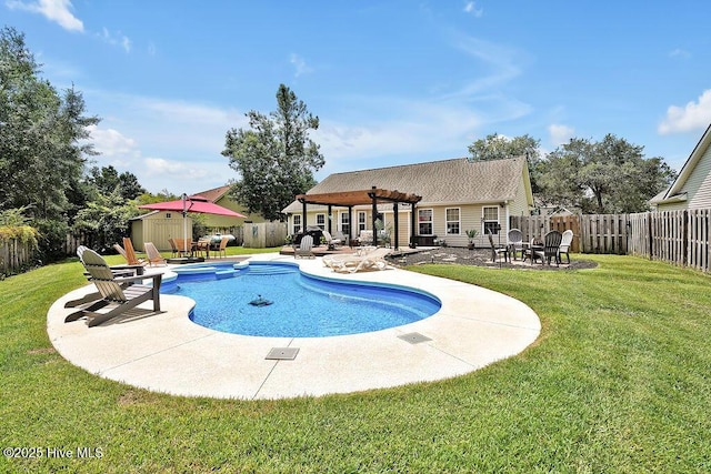 648 Pine Branches Cir SE, Leland, NC 28451 - view of pool featuring a pergola, a patio, a fenced backyard, a storage unit, and a pool with connected hot tub