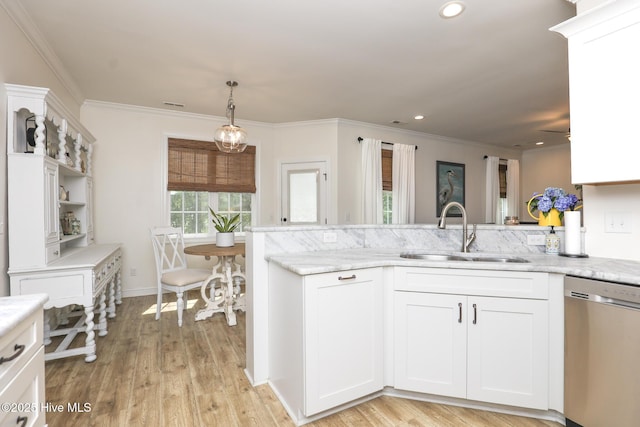637 White Oak Xing, Swansboro, NC 28584 - kitchen featuring dishwasher, white cabinetry, light stone countertops, ornamental molding, and recessed lighting