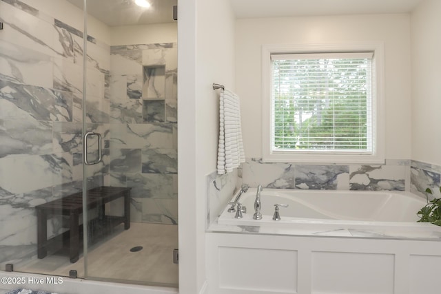 637 White Oak Xing, Swansboro, NC 28584 - bathroom featuring a marble finish shower and a bath