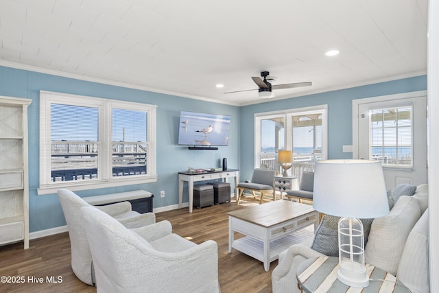 901 Ocean Dr, Emerald Isle, NC 28594 - living room with crown molding, baseboards, ceiling fan, wood finished floors, and recessed lighting