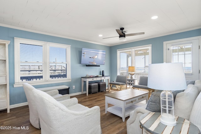 901 Ocean Dr, Emerald Isle, NC 28594 - living area with crown molding, baseboards, a ceiling fan, wood finished floors, and recessed lighting