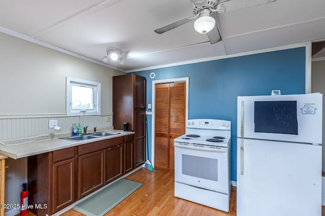 503 Vandemere Rd, Bayboro, NC 28515 - kitchen featuring white appliances, light wood-type flooring, light countertops, a ceiling fan, and ornamental molding