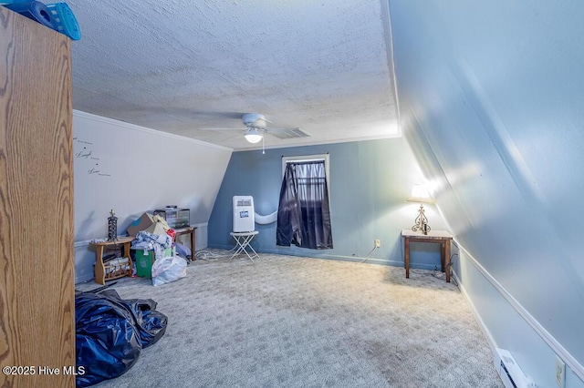 503 Vandemere Rd, Bayboro, NC 28515 - bonus room featuring carpet flooring, a ceiling fan, a textured ceiling, and a baseboard radiator