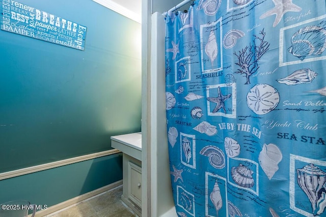 503 Vandemere Rd, Bayboro, NC 28515 - bathroom with vanity and curtained shower