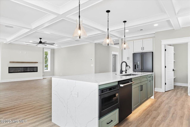 1711 Hemingway Dr SW, Ocean Isle Beach, NC 28469 - kitchen featuring a sink, high quality fridge, coffered ceiling, light wood-type flooring, and dishwasher